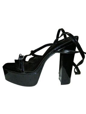 Vivianly Black Open Toe Ankle Strap Platform Vegan Patent Leather Chunky Heels
